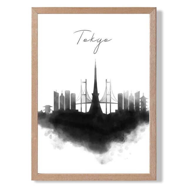 ARTZE Tokyo Watercolour Skyline City Framed Print SIZE: A4 with Oak Frame in Black - image 1