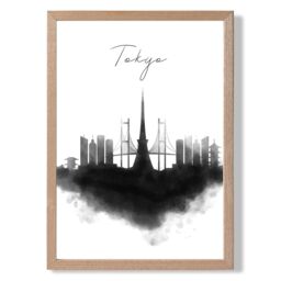ARTZE Tokyo Watercolour Skyline City Framed Print SIZE: A4 with Oak Frame in Black - thumbnail 1