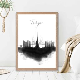 ARTZE Tokyo Watercolour Skyline City Framed Print SIZE: A4 with Oak Frame in Black - thumbnail 2