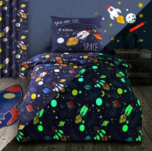 Velosso Space Glow In Dark Cotton Rich Printed Duvet Cover & Pillowcase Set in Blue - Size: Single - image 1