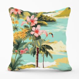 Warren Reed - Designer Palm Trees & Hibiscus Outdoor Cushion in Green - Size: 45 cm x 45 cm - thumbnail 1