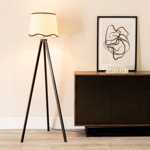 ValueLights Barbro Black Wood Tripod Floor Lamp with Natural Linen Scallop Edge Shade - image 1