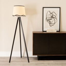 ValueLights Barbro Black Wood Tripod Floor Lamp with Natural Linen Scallop Edge Shade - thumbnail 3