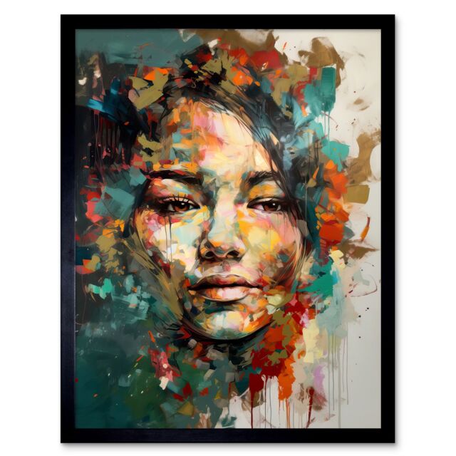 "Artery8 Wall Art Print Sad Young Woman Face Beauty Portrait Multicoloured Art Framed in Black - Size: W12"" x H16""" - image 1