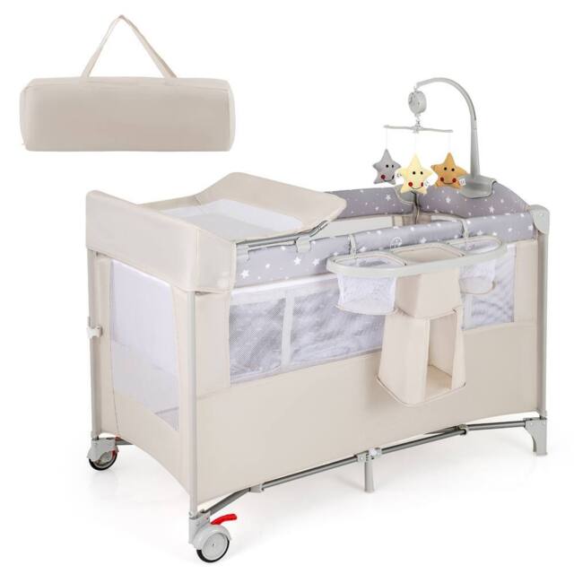 CASART Pack & Play Foldable Baby Nursery Center With Diaper Changing Table in Beige - image 1