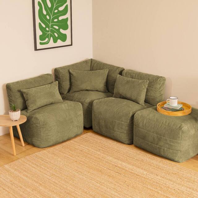 icon 4pcs Noa Bean Bag, 1x Corner, 2x Recliner, 1x Slab, Jumbo Cord in Green - image 1