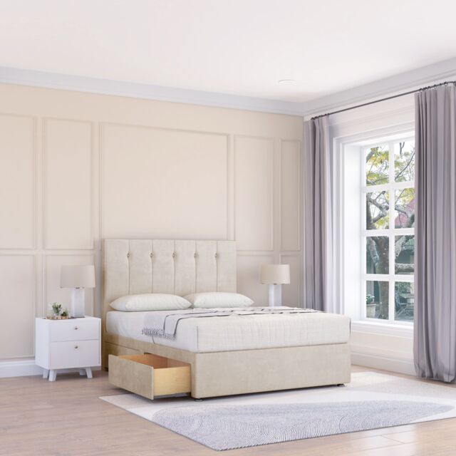 "Sloomy Highbury Plush Bed Set With 2 Drawers, Mattress & 26"" Headboard in Cream - Size: Double" - image 1