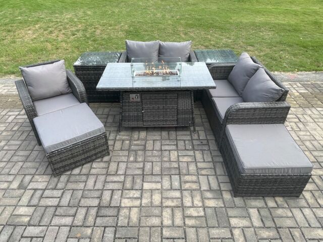 Fimous Outdoor Sofa Rattan Garden Furniture Set Patio Gas Fire Pit Dining Table & Reclining Chair set with 2 Side Tables 2 Big Footstool in Dark Grey - image 1