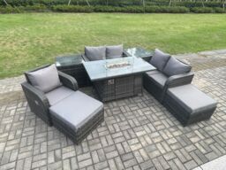 Fimous Outdoor Sofa Rattan Garden Furniture Set Patio Gas Fire Pit Dining Table & Reclining Chair set with 2 Side Tables 2 Big Footstool in Dark Grey - thumbnail 3