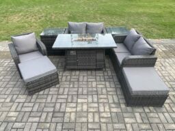 Fimous Outdoor Sofa Rattan Garden Furniture Set Patio Gas Fire Pit Dining Table & Reclining Chair set with 2 Side Tables 2 Big Footstool in Dark Grey - thumbnail 1