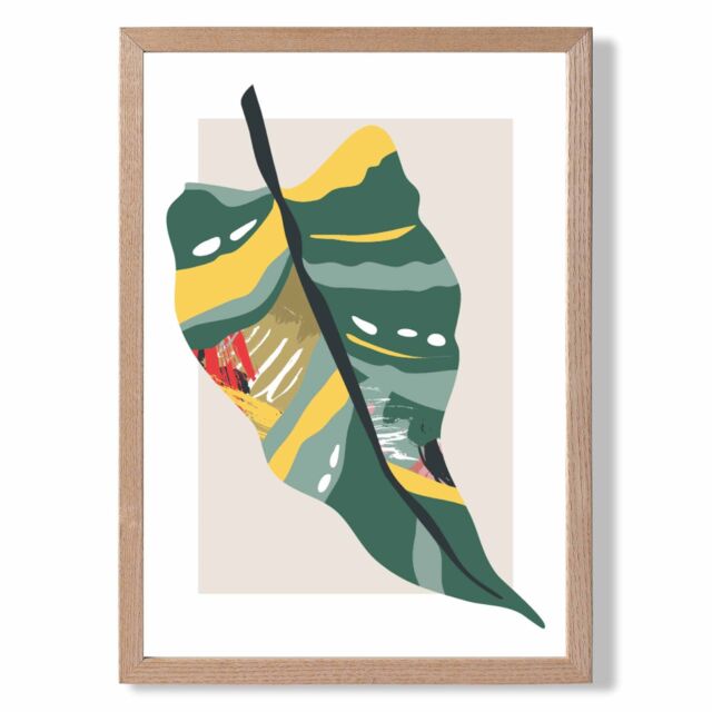 ARTZE Tropical Palm Green & Red Minamilist Framed Print SIZE: A2 with Oak Frame - Size: A3 - image 1