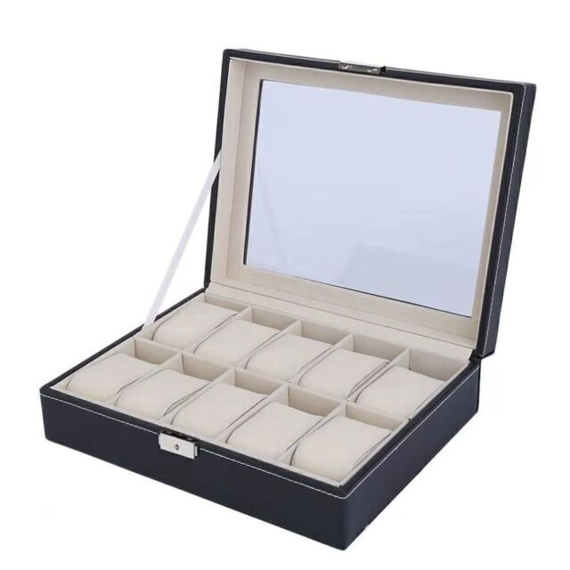 VOGREX Mens 10 Grids PU Leather Watch Display Case in Black - Size: Large - image 1