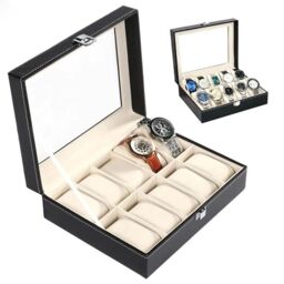 VOGREX Mens 10 Grids PU Leather Watch Display Case in Black - Size: Large - thumbnail 8