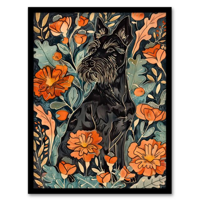 "Artery8 Stylised Scottish Terrier Dog with Peony Flowers Framed Wall Art in Orange - Size: W12"" x H16""" - image 1