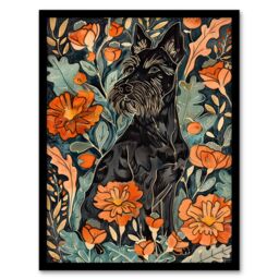 "Artery8 Stylised Scottish Terrier Dog with Peony Flowers Framed Wall Art in Orange - Size: W12"" x H16""" - thumbnail 1
