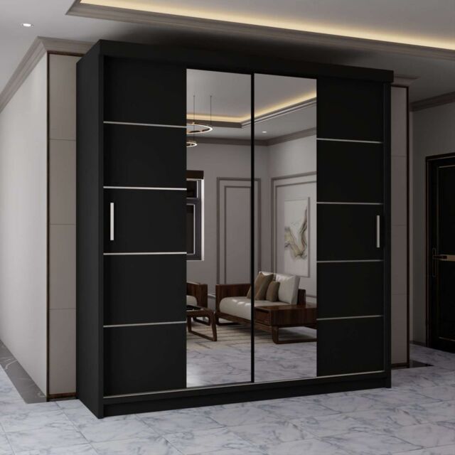 MN Furniture Wardrobe Modern Sliding Mirror Door - LED Light 120cm x 217cm in Black - Size: 120 cm x 217 cm - image 1