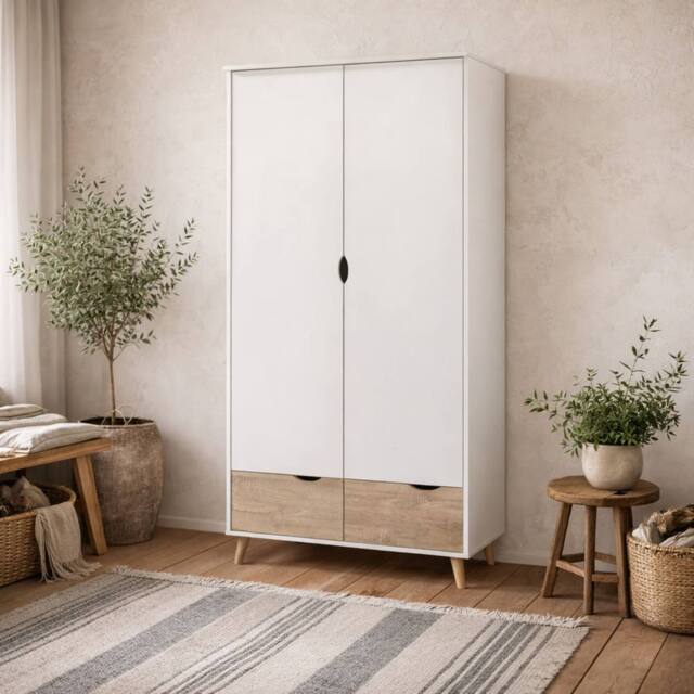 Wyld Haus Skerries 2 Door Wardrobe Matt White with Natural Oak Drawer Fronts - image 1