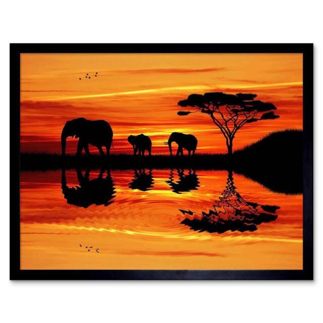"Artery8 Photo Composition African Elephant Silhouette Sunset Framed Art Print in Orange - Size: W12"" x H16""" - image 1