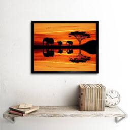 "Artery8 Photo Composition African Elephant Silhouette Sunset Framed Art Print in Orange - Size: W12"" x H16""" - thumbnail 2