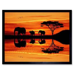 "Artery8 Photo Composition African Elephant Silhouette Sunset Framed Art Print in Orange - Size: W12"" x H16""" - thumbnail 1