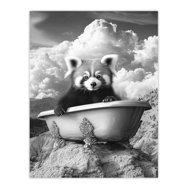 "Artery8 Red Panda in Bathtub on Hill Black White Surreal Wall Art Print in Grey - Size: W18"" x H24""" - image 1