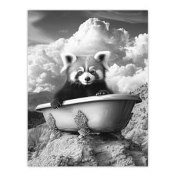 "Artery8 Red Panda in Bathtub on Hill Black White Surreal Wall Art Print in Grey - Size: W18"" x H24""" - thumbnail 1