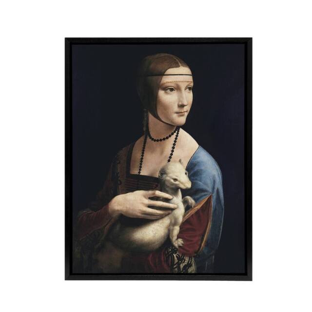 "Artery8 Lady with an Ermine La Belle Ferronniere Da Vinci Framed Canvas Art in Black - Size: W12"" x H16""" - image 1