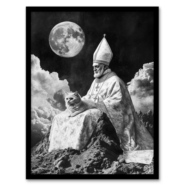 Artery8 Surreal Cat Lover Pope & Moon Black White Framed Art Print in Grey - Size: A4 - image 1