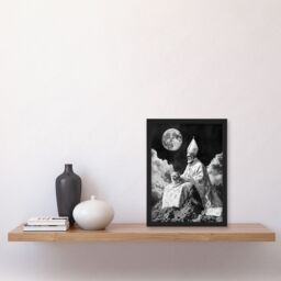 Artery8 Surreal Cat Lover Pope & Moon Black White Framed Art Print in Grey - Size: A4 - thumbnail 4