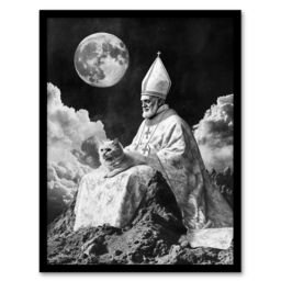 Artery8 Surreal Cat Lover Pope & Moon Black White Framed Art Print in Grey - Size: A4 - thumbnail 1