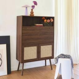 sweeek Secretary desk with wood decor, cane & 2 doors in Dark Brown - thumbnail 4