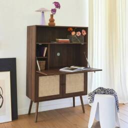 sweeek Secretary desk with wood decor, cane & 2 doors in Dark Brown