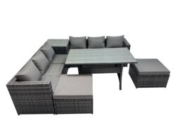 Fimous 8 Seater Garden Rattan Furniture Set with Side Table 2 Big Stool in Dark Grey - thumbnail 1
