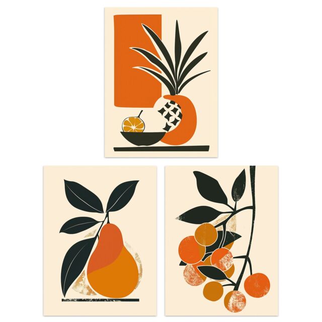 Wee Blue Coo Set of 3 Prints Summer Fruit Boho Mid Century Orange Wall Art - Size: A4 - image 1