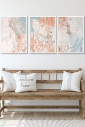 ARTZE Set of 3 White Framed Abstract Oil in Pastel Blue Ivory & Peach Wall Art - Size: W45 cm x H62 cm x D20mm - thumbnail 1