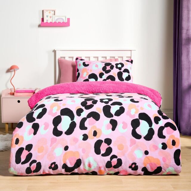 OHS Leopard Sherpa Fleece Reversible Duvet Cover Set with Pillowcase in Lilac - Size: Double - image 1
