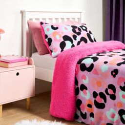 OHS Leopard Sherpa Fleece Reversible Duvet Cover Set with Pillowcase in Lilac - Size: Double - thumbnail 2