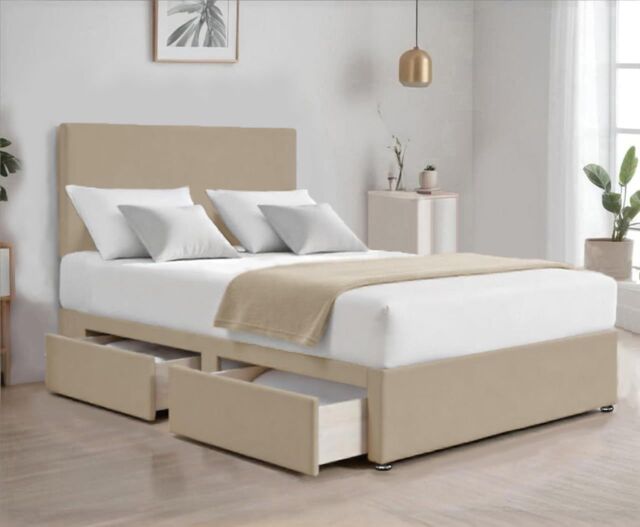 "Bed Time UK Suede Divan Bed with 2 Drawers, 20"" Plain Headboard & Memory Mattress in Ivory - Size: Small Double" - image 1