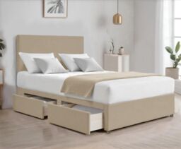 "Bed Time UK Suede Divan Bed with 2 Drawers, 20"" Plain Headboard & Memory Mattress in Ivory - Size: Small Double" - thumbnail 1