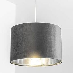 CGC Lighting 'Nila' Luxury Grey Velvet & Silver Inner Round Pendant Drum Lamp Shade