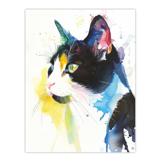 "Artery8 Tuxedo Black White Cat Lover Bright Watercolour Wall Art Print - Size: W18"" x H24""" - image 1