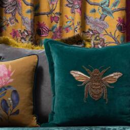 Voyage Maison Layla Velvet Embroidered Bee Cushion in Teal - Size: 50 cm x 50 cm - thumbnail 2