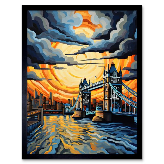 "Artery8 Wall Art Print London Tower Bridge Dramatic Sunset Vibrant Artwork Blue Orange River Thames England Cloudy Sky Art Framed - Size: W12"" x H16""" - image 1