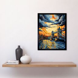 "Artery8 Wall Art Print London Tower Bridge Dramatic Sunset Vibrant Artwork Blue Orange River Thames England Cloudy Sky Art Framed - Size: W12"" x H16""" - thumbnail 2
