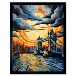 "Artery8 Wall Art Print London Tower Bridge Dramatic Sunset Vibrant Artwork Blue Orange River Thames England Cloudy Sky Art Framed - Size: W12"" x H16""" - thumbnail 1