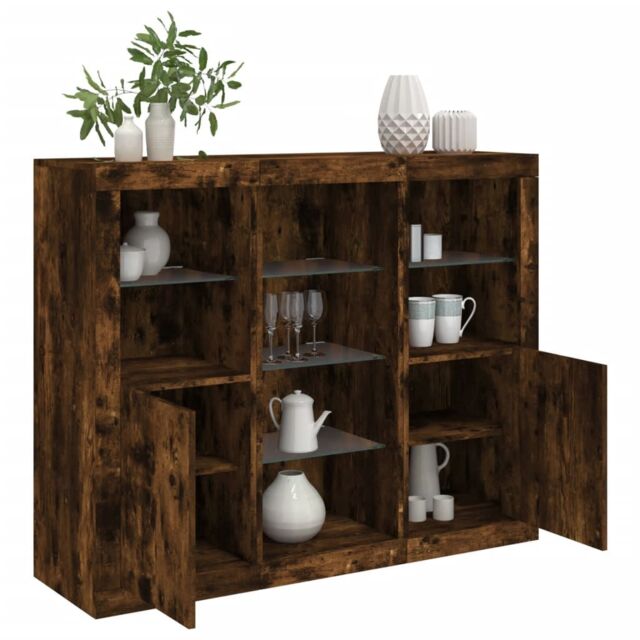 Berkfield Home Sideboards with LED Lights 3 pcs Smoked Oak Engineered Wood in Brown - image 1