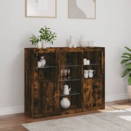 Berkfield Home Sideboards with LED Lights 3 pcs Smoked Oak Engineered Wood in Brown - thumbnail 4