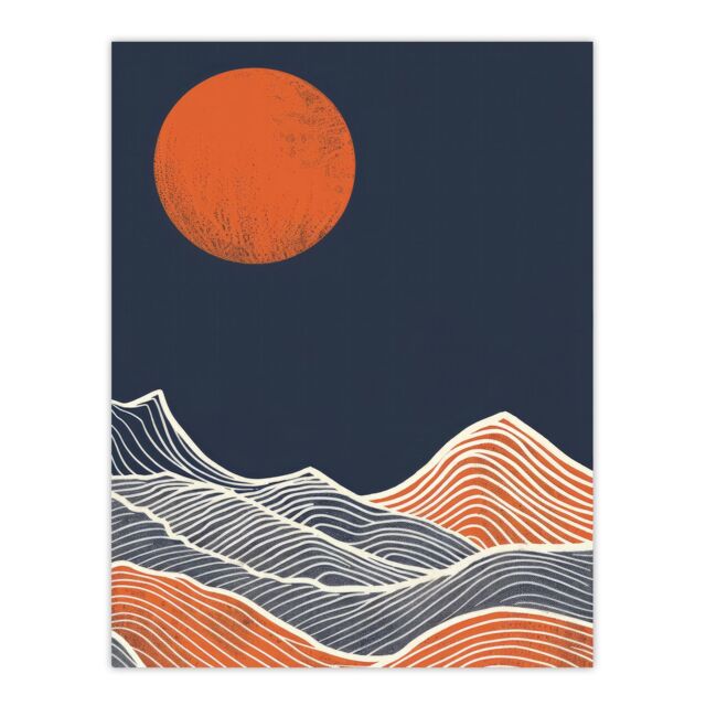 "Artery8 Wall Art Print Sea Waves Lines Sun Blue Orange Abstract Painting Poster in Dark Navy - Size: W18"" x H24""" - image 1