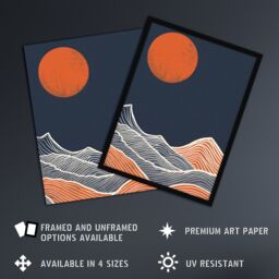 "Artery8 Wall Art Print Sea Waves Lines Sun Blue Orange Abstract Painting Poster in Dark Navy - Size: W18"" x H24""" - thumbnail 2