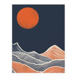 "Artery8 Wall Art Print Sea Waves Lines Sun Blue Orange Abstract Painting Poster in Dark Navy - Size: W18"" x H24""" - thumbnail 1